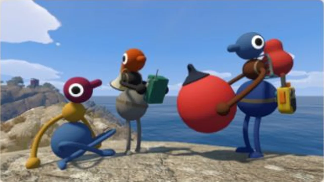 Big Walk characters carrying communication tools by the coast