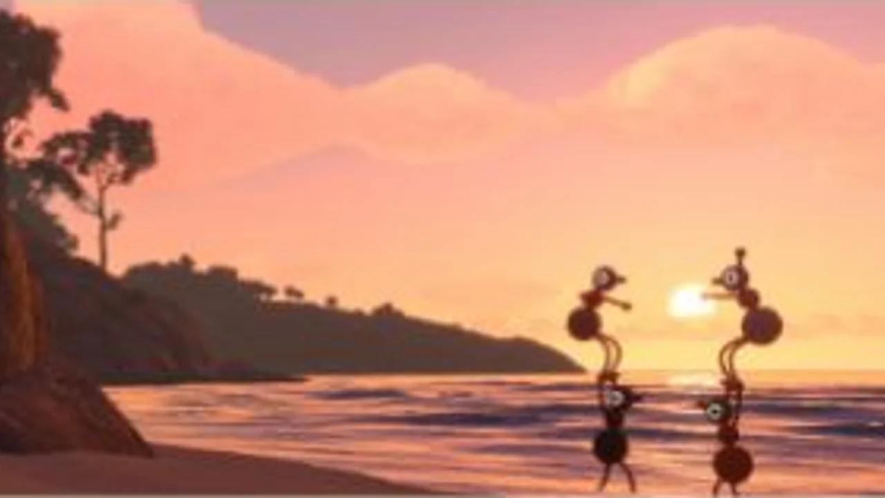 Two Big Walk characters reflected in the water at sunset